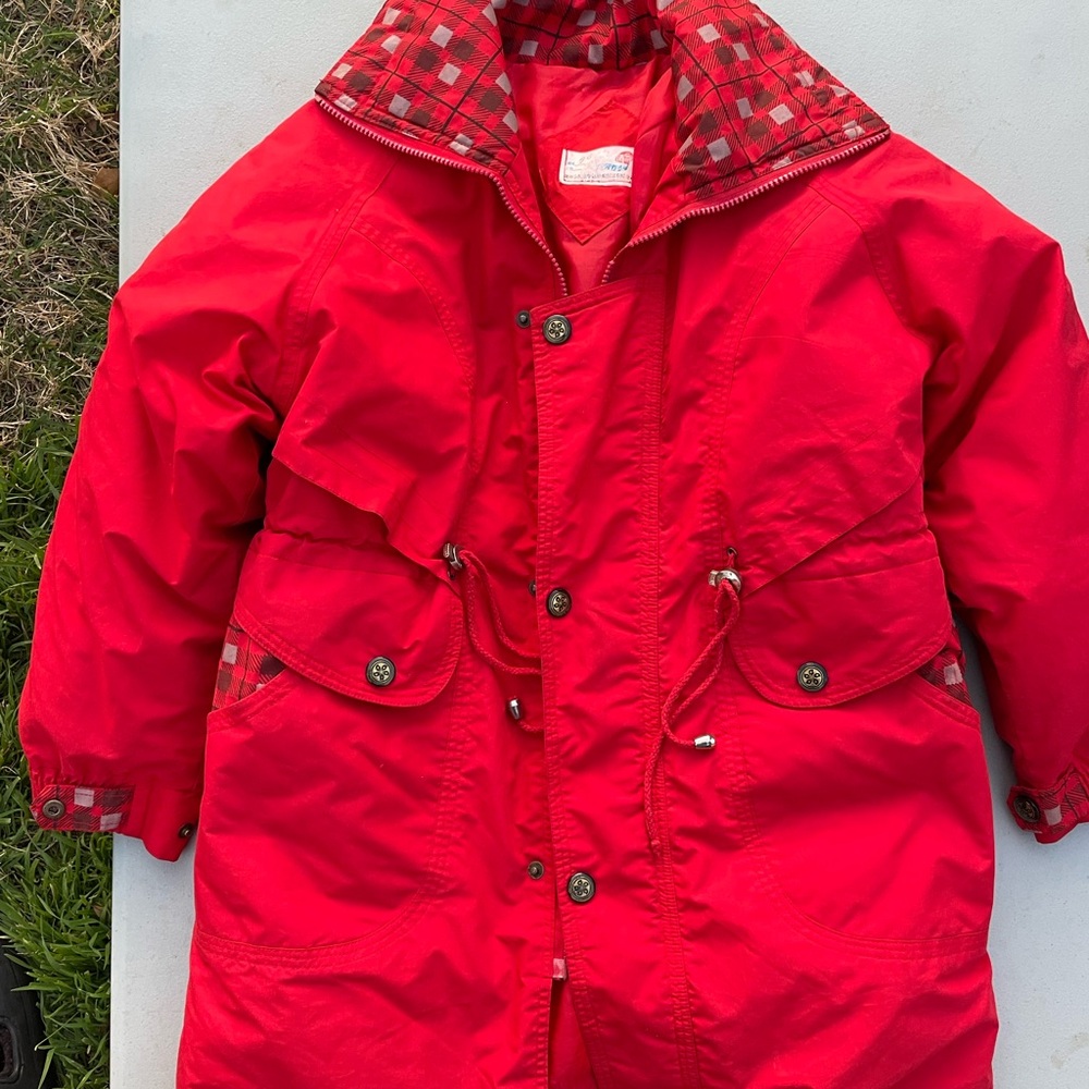 Vintage Red Raincoat with Quilted Insulation and Storm Flap